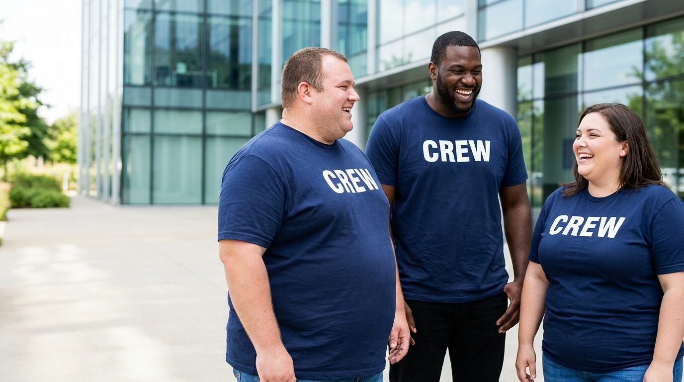 Kollegen in großen Größen in denselben bedruckten T-Shirts