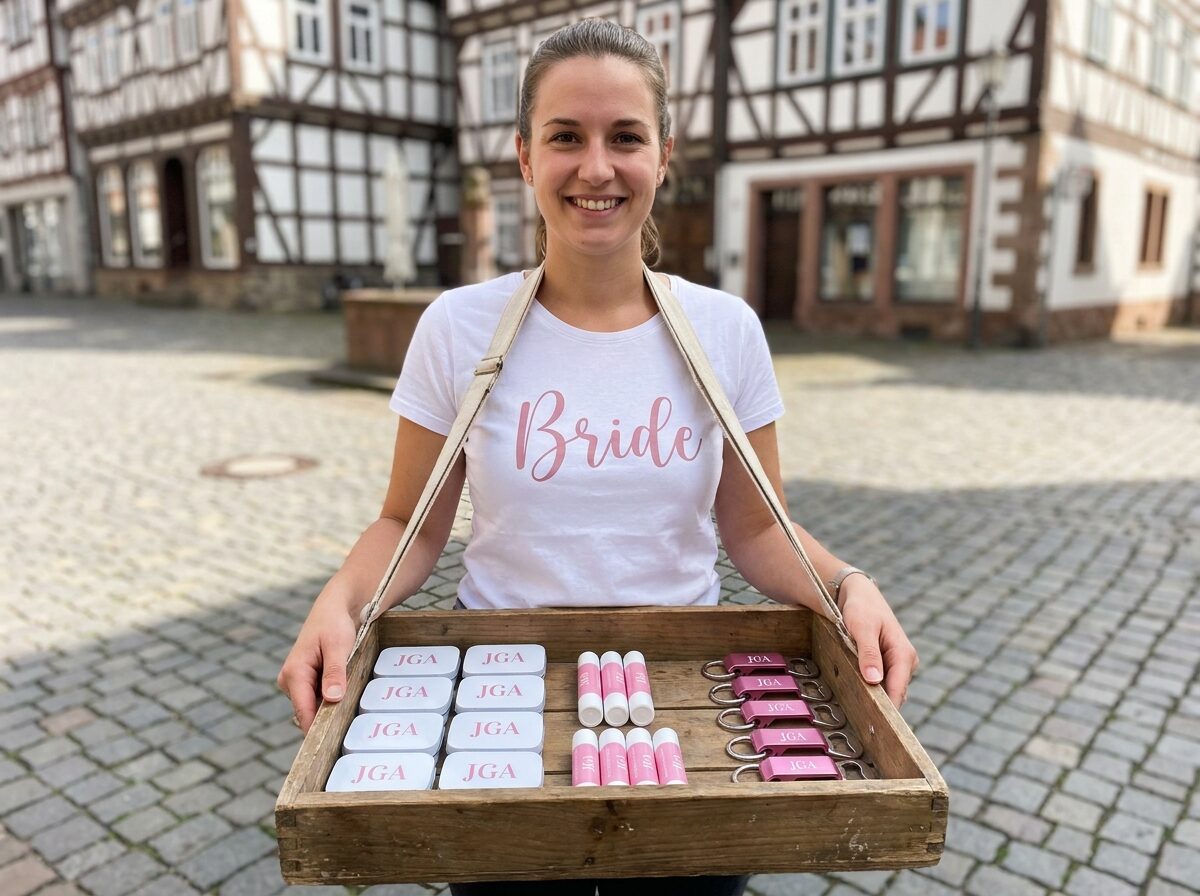 Braut mit einem JGA-Bauchladen mit bedruckten Pfefferminzdosen, Lippenpflege und Flaschenöffnern