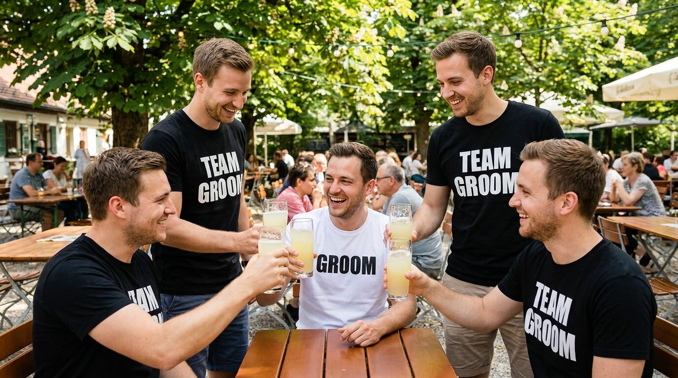Freunde in schwarzen Team Groom Shirts und der Bräutigam in einem weißen Groom Shirt